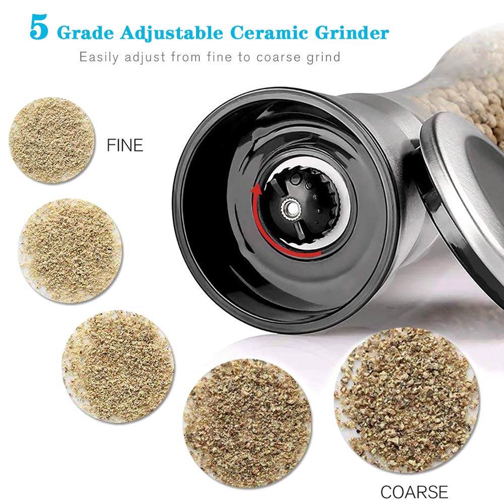Salt and Pepper Grinder Set, 2-Piece Set, Stainless Steel Material, Adjustable Granularity, Sea Salt Grinder and Pepper Grinder Can Be Refilled, With Stand and Cleaning Brush