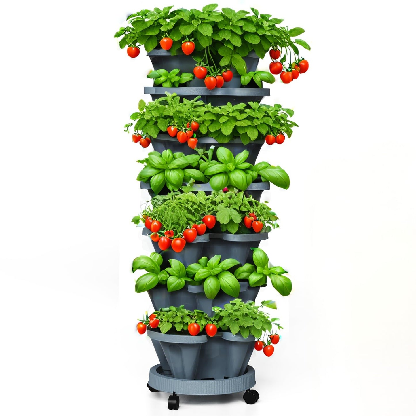 Lykvrii Strawberry Planters, 7 Tiered Vertical Stackable Planter, Herb Stacking Tower Garden, Flower and Vegetable Planters with Support Pole Indoor & Outdoor with Removable Wheels - Dark Grey