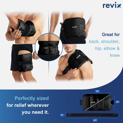 REVIX 16" × 9" Flexible Gel Ice Packs Reusable for Lower Back with Strap, Dual-Sided Soft Body Ice Wraps for Shoulder, Neck, Abdomen and Leg Relief, Black 2 Packs