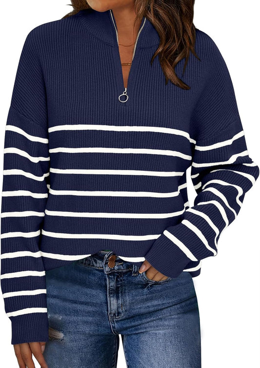 LILLUSORY Women's Quarter Zip Striped Oversized Sweater 2025 Mock Turtleneck Fall Fashion Outfit
