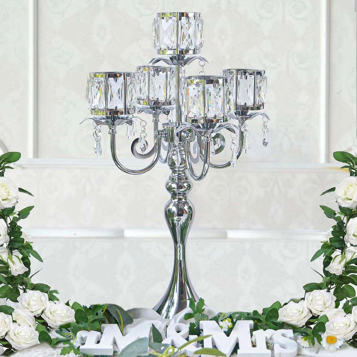 Kehail Silver 5 Arm Pendant Square Crystal Candle Holder, 22 Inches Table Decor Classic and Elegant Table Centerpiece Atmosphere Candlestick for Gift Wedding Party Home Decor