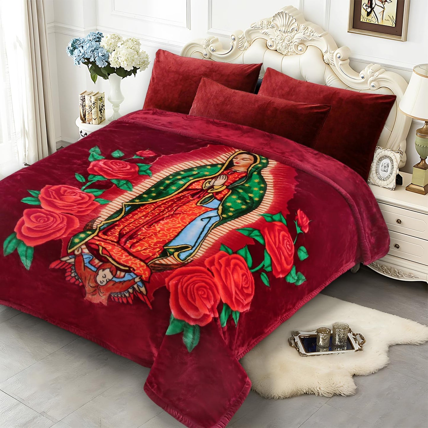 JYK Korean Mink Fleece Bed Blanket Queen Size 75" x 87", 5 Pounds - 2 Ply Reversible Silky Soft Plush Warm, Comfy Blanket for Autumn, Winter -Rose/Virgin Mary