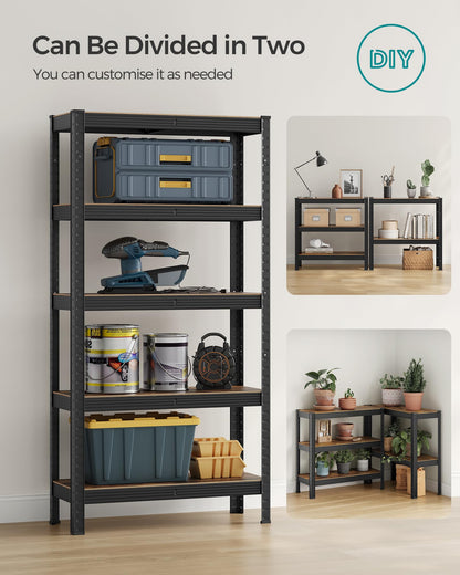 SONGMICS Shelving Unit, 30 x 75 x 150 cm, 650 kg Load Capacity (130 kg per Shelf), Industrial, Adjustable Storage Shelves, for Living Room, Kitchen, Garage, Rustic Brown and Black GLR030B01