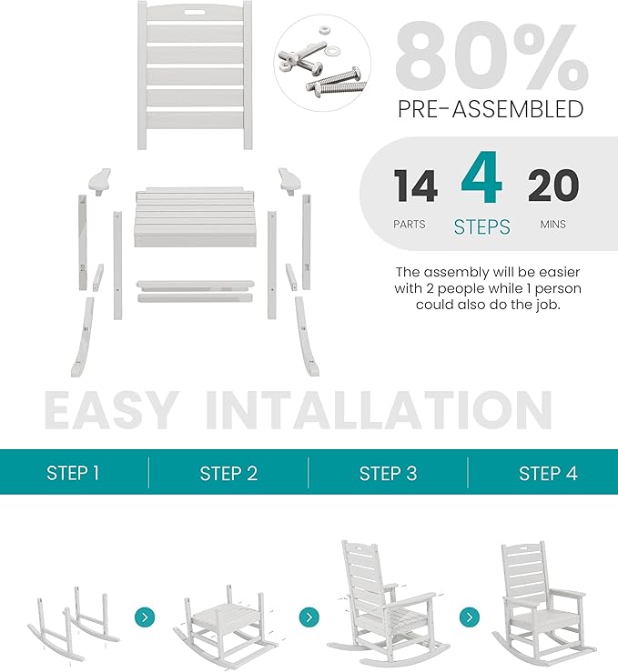 SERWALL Outdoor Rocking Chair Set of 2, Oversized Rocking Chair with Footboard for Adults, HDPE All Weather Resistant Rocking Chairs for Patio, 350lbs Weight Capacity, White