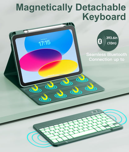 Vobafe Keyboard Case for iPad A16 11th Generation 2025/10th Generation 2022(11/10.9 inch), 7 Colors Backlit Detachable Folio Keyboard Cover with Pencil Holder for iPad 11/10 Gen, UK Layout, Pine Green