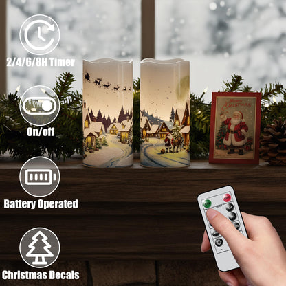 GenSwin Christmas Flameless Candles with Remote Timer, Set of 2 Christmas LED Battery Operated Pillar Candles with Snow House, Santa, Reindeer Decals for Holiday Winter Party Home Decor(D3” x H6”)