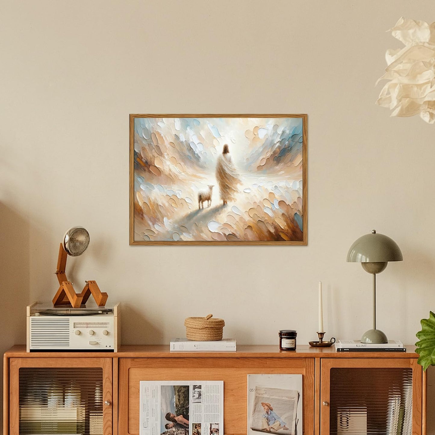 Framed Jesus leaves the 99 Sheep Canvas Wall Art, Christian Jesus and Lamb Wall Decor Paintings, Bible Good Shepherd Poster Prints Religious Home Decor for Living Prayer Room Church 12x16 inch