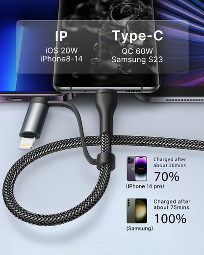 4 in 1 Charging Cable, USB C Lightning Adapter USB C to USB C 60W PD [Fast Charging & Data Sync] 4 in 1 Multi Charger for iPhone 16 15 14 13 12,MacBook Pro 2023 iPad mini 6/Pro,Samsung Galaxy S22 S21