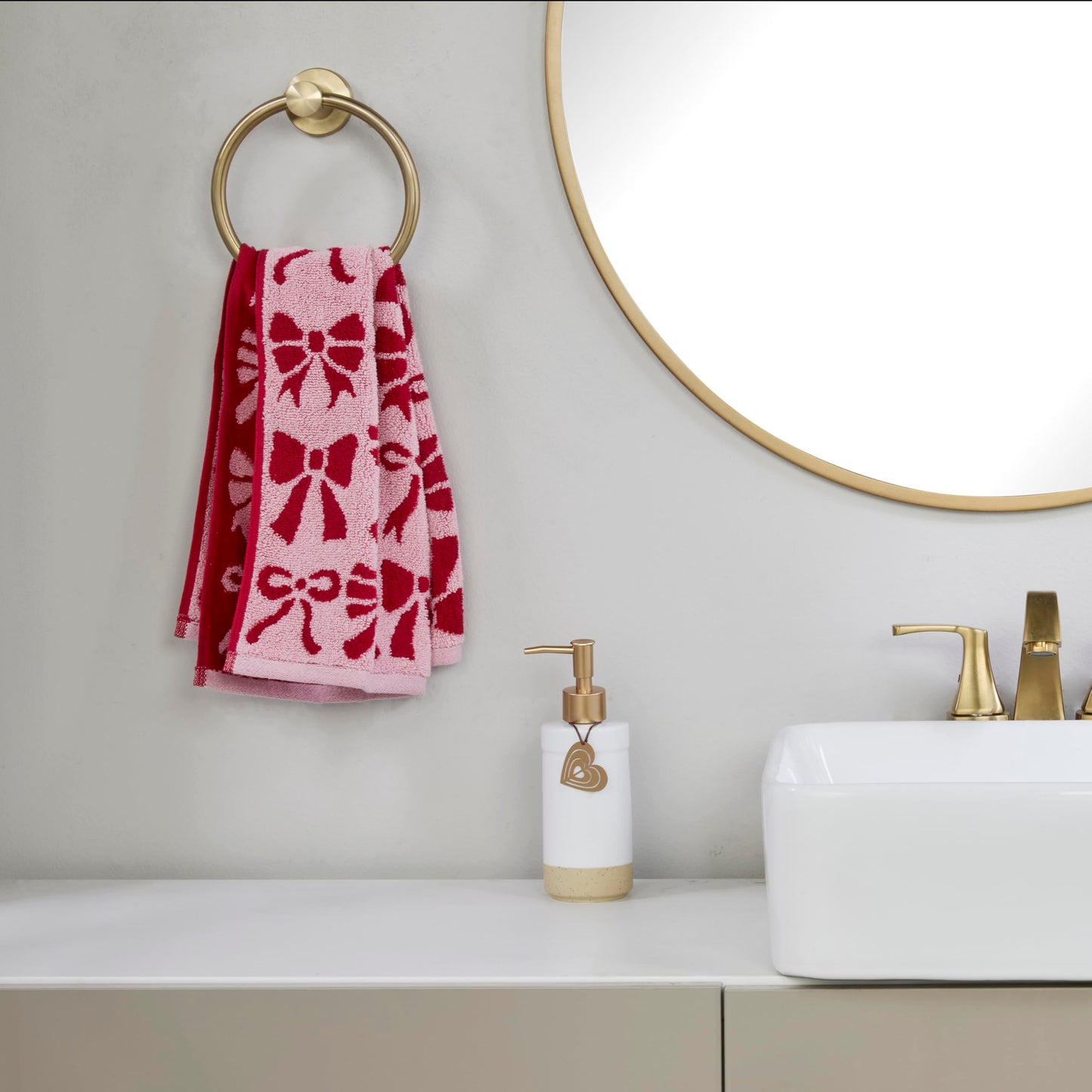 SKL Home Bow Jacquard 100% Cotton Premium 2-Piece Hand Towel Set, 500 GSM, Reversible, Soft & Absorbent, Everyday/Christmas/Winter/Valentine's, Decorative for Bath/Kitchen/Bar, Red/Pink
