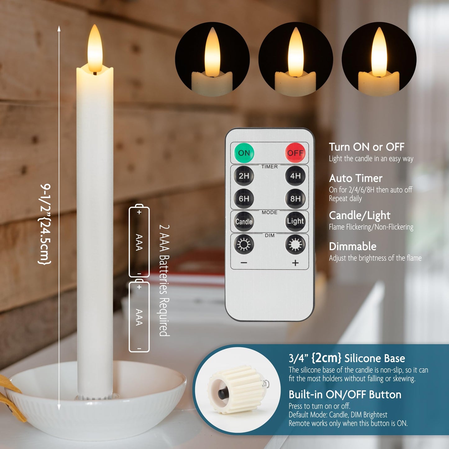 SEHNSY Flameless Taper Candles with Remote, Real Wax Battery Operated LED Candles Set with 3D Flickering Flame, 9.6" Realistic Dripless Candlesticks for Wedding Home Decor, 3 Pack White