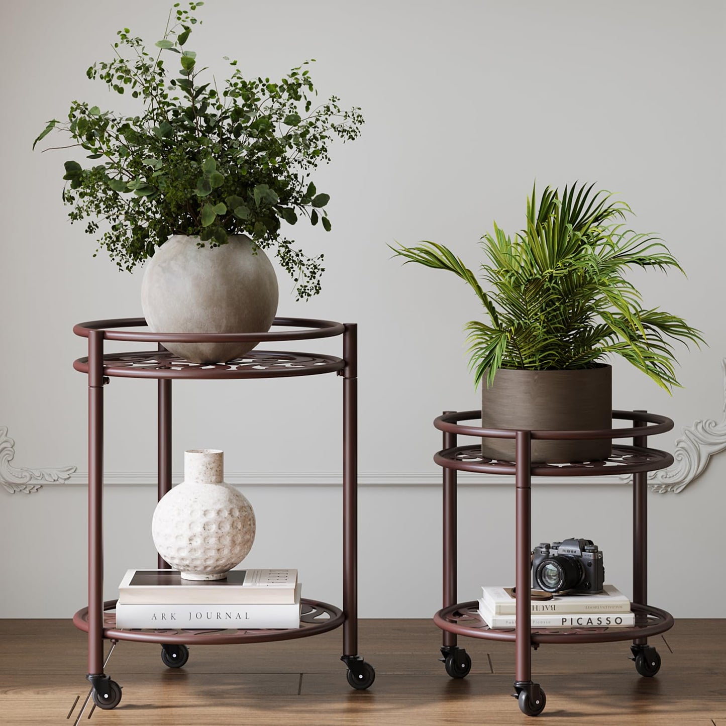 Rioneta Rolling Plant Stand with Wheels – 2 Tier Heavy Duty Flower Pot Holder for Indoor & Outdoor, Easy Move Cart for Balcony, Patio, Garden, 165 lbs Capacity 2 Pack Coffee