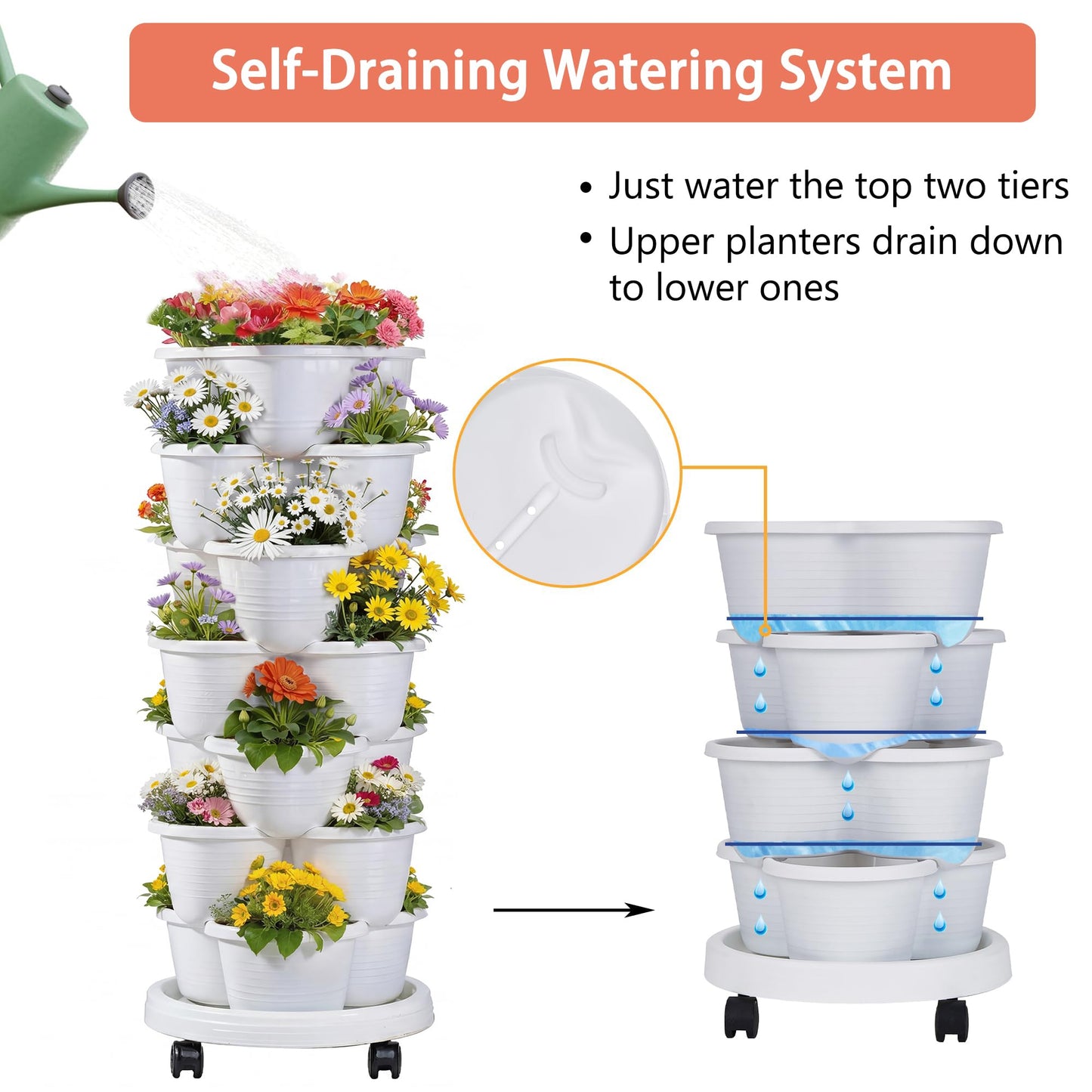 VECELO 7 Tier Vertical Garden Planter, Self Watering Stackable Planters with Wheels for Strawberries, Herbs, Flowers, Vegetables, White