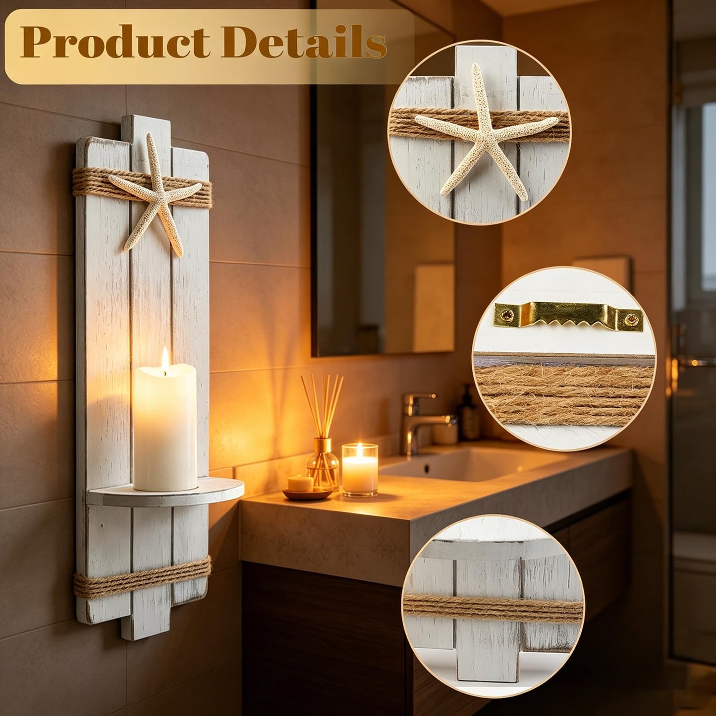 Fangoo 2Pack 15.7 Inch Natural Starfish Wooden Wall Candle Sconces Coastal Wall Decor Ocean Wall Candle Holder Beach Bathroom Decor Farmhouse Hanging Art Bedroom Gifts (White)