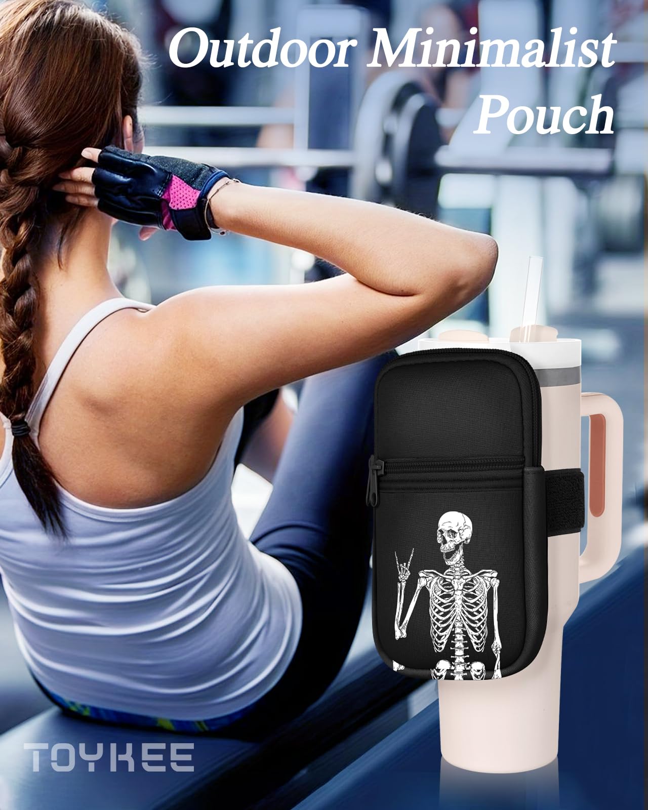 Water Bottle Pouch Backpack For Stanley Quencher Cup - Black Skeleton Print 40 30 oz Tumbler Bag Purse Pack Wallet For Phone Keys Gym Accessories