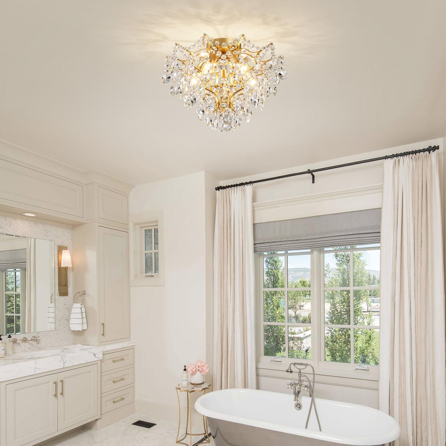 WUZUPS 5-Light Crystal Chandelier Flushmount Ceiling Light Modern Lighting Fixture for Bedroom Hallway Bar Kitchen Bathroom, H 12" W 15.4", E12 Base, Gold