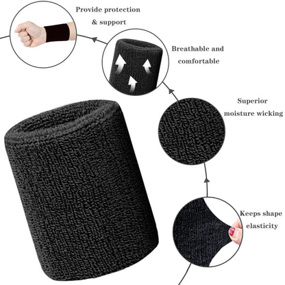 IMAGERIO 6 Pack 4 Inch Wrist Sweatbands Tennis Wrist Bands Absorbent Sweat Band for Men and Women, Breathable Cotton Sweatbands for Working Out, Football, Basketball, Running Athletic Sports -Black
