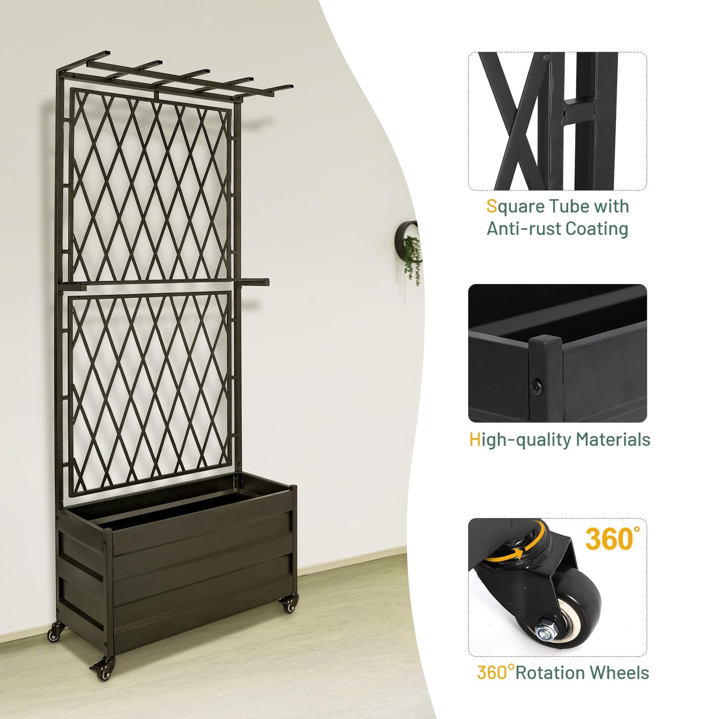 Stonehomy Metal Planter Box with Lattice Trellis and Wheels, 70 inches Tall Heavy Duty Planter Box & Raised Garden Bed with Trellis for Climbing Plants Flowers with Drainage Holes, 30Lx12Wx70H, 2Pack