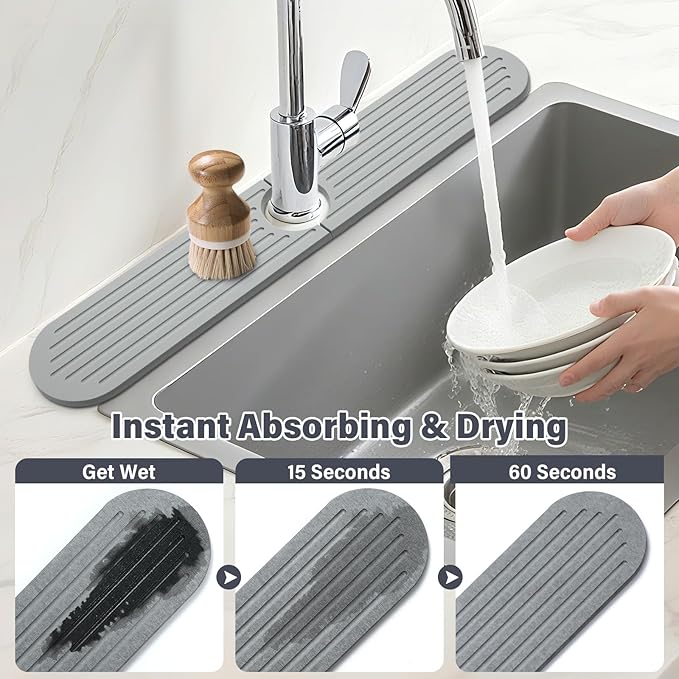 Stone Faucet Mat for Kitchen Sink, 2 Set/4PCS Quick Dry Diatomaceous Earth Tray