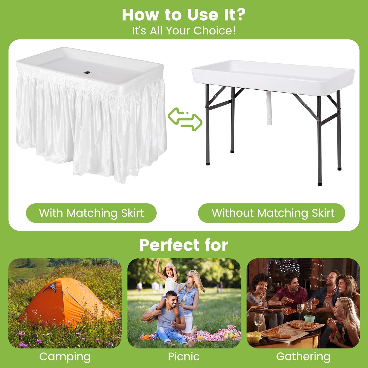 Giantex 4 FT Folding Ice Cooler Table with Drain & Bucket, Removable Skirt, No Assembly, Portable Fill and Chill Table for Food Drink Beverage, Foldable Party Ice Bin for Camping BBQ, White