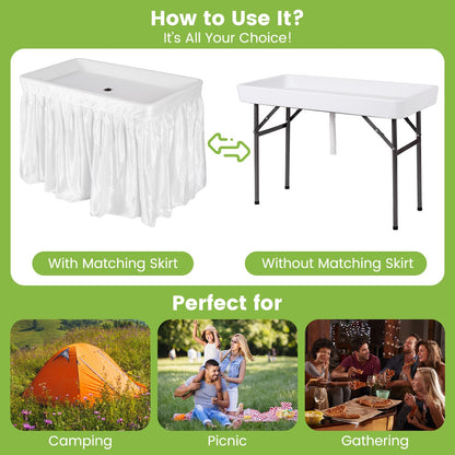 Giantex 4 FT Folding Ice Cooler Table with Drain & Bucket, Removable Skirt, No Assembly, Portable Fill and Chill Table for Food Drink Beverage, Foldable Party Ice Bin for Camping BBQ, White
