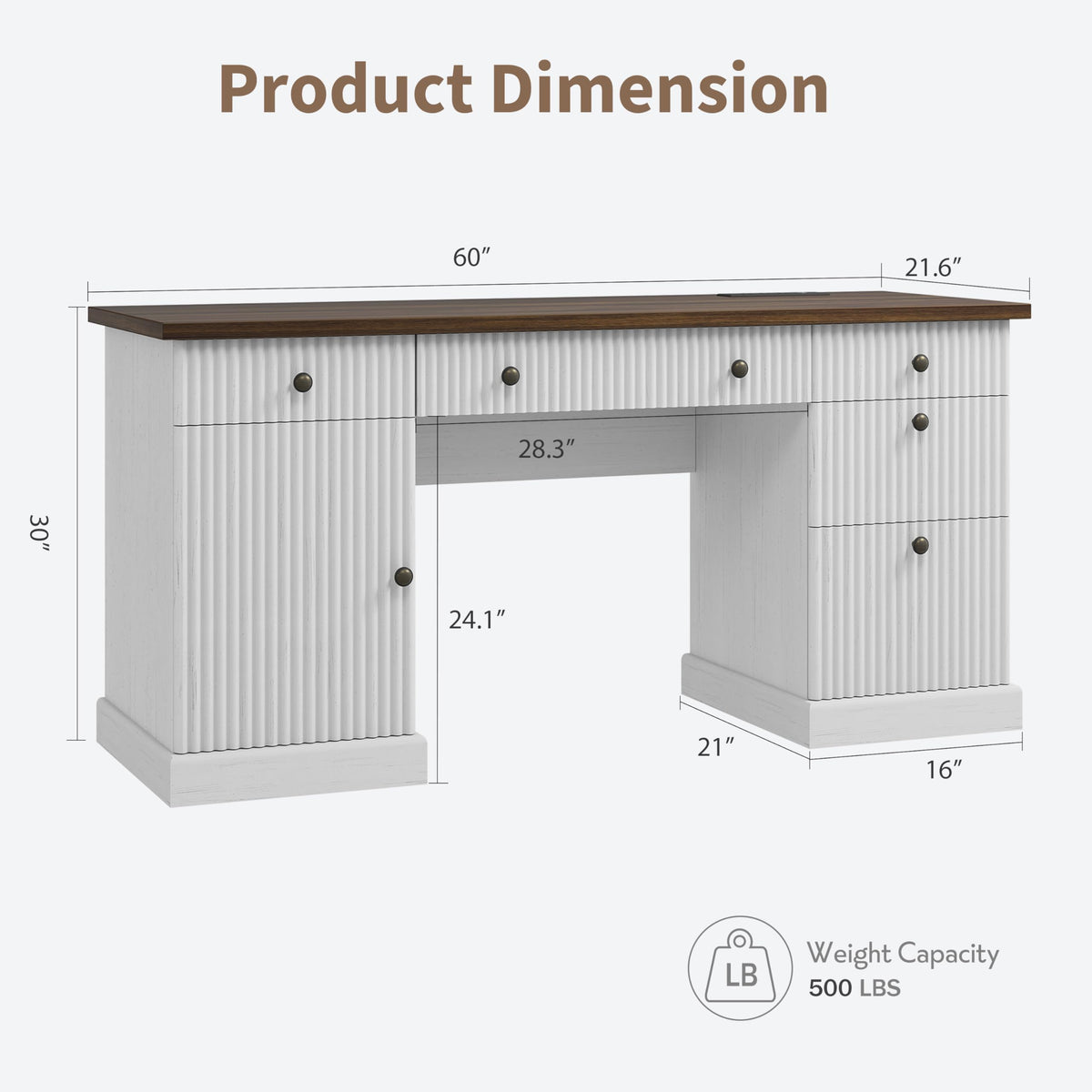 IDEALHOUSE 60 Inch Modern Executive Desk with Charging Station, USB-C/A Ports & 6.56ft Cord - Walnut & White Fluted Wood Office Desk with File Drawers, Sturdy Computer Desk for Home Office
