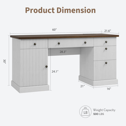 IDEALHOUSE 60 Inch Modern Executive Desk with Charging Station, USB-C/A Ports & 6.56ft Cord - Walnut & White Fluted Wood Office Desk with File Drawers, Sturdy Computer Desk for Home Office