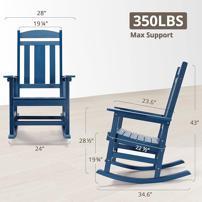 LUE BONA Rocking Chair Outdoor, Weather Resistant Poly Plastic Rocker Chairs, 350lb Heavy Duty, Oversized Porch for Adult, High Back Smooth Chairs Outdoor & Indoor, Blue