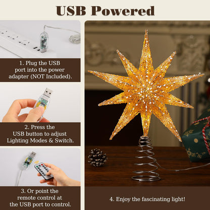 Lewondr Christmas Tree Topper Star, 13inch Xmas Tree Topper with LED Light Beads, Remote & USB Operated 10-Point Star Treetop for Home Christmas Decoration, 6H Timer & 8 Lighting Modes, Gold