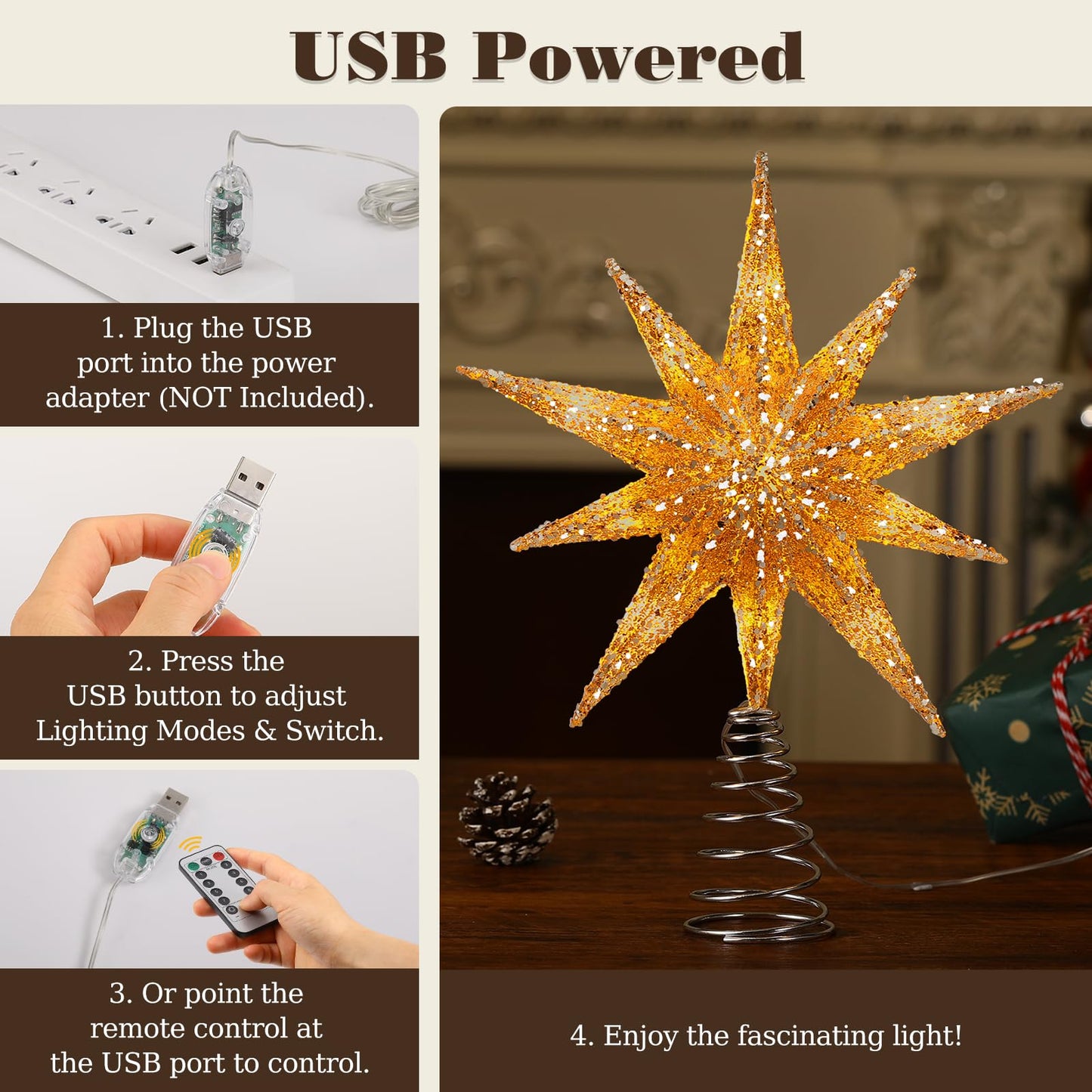 Lewondr Christmas Tree Topper Star, 13inch Xmas Tree Topper with LED Light Beads, Remote & USB Operated 10-Point Star Treetop for Home Christmas Decoration, 6H Timer & 8 Lighting Modes, Gold