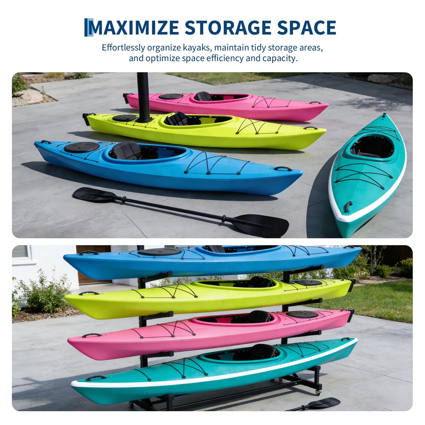 GarveeLife Heavy Duty 4-Tier Freestanding Kayak Storage Rack with Adjustable Detachable Wheels – Stand for Kayaks, Canoes, SUPs, Surfboards – Indoor or Outdoor, Garage Paddleboard Organizer,