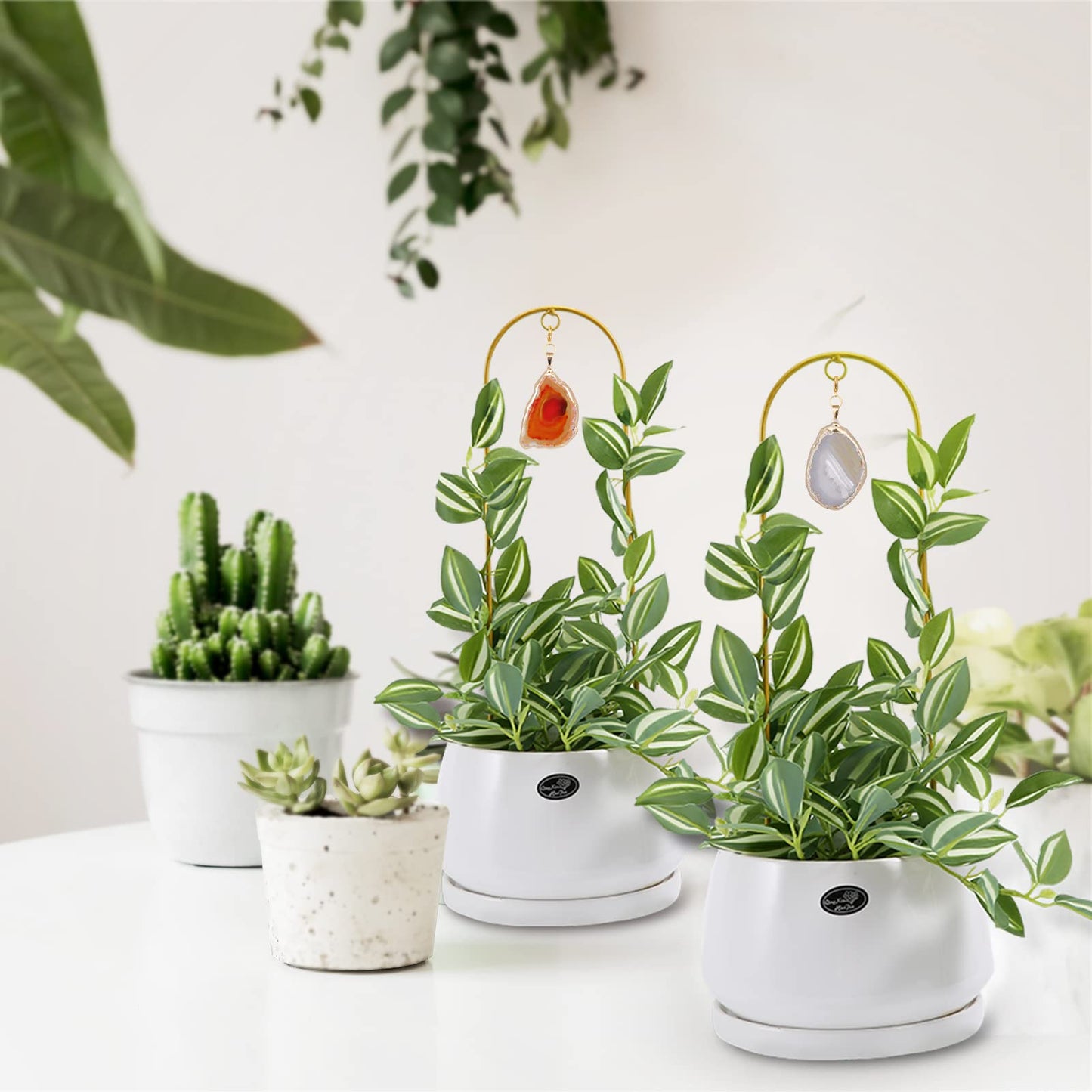 Ceiner 2PCS Small Plant Gold Trellis Indoor, Mini Metal Houseplant Decor Support for Potted Ivy Vine, Boho Garden Decorative Pot Climber with Agate for Climbing Hoya Pothos Philodendron Gift
