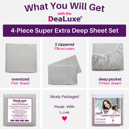 Extra Deep Pocket King Bed-Sheets – 4-Piece Includes: 18”-21” Inch Super Extra Deep Pocket Fitted Sheet – Real Oversize Flat Sheet – 2 Zipper Closure Pillowcases – King Size – Silver Light Gray