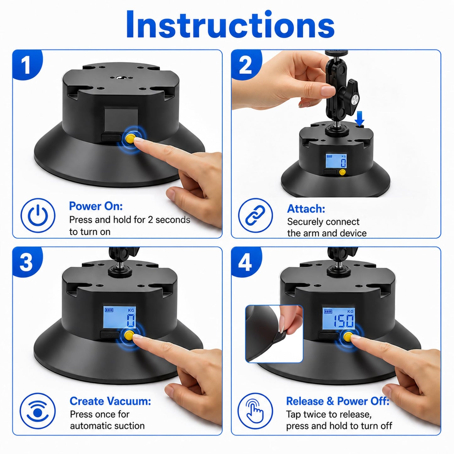 Jakenfou 6" Electric Camera Suction Cup Mount Kit with Display, 5KG Max, 1-Week Battery for Action Camera/Phone on Car/Windshield