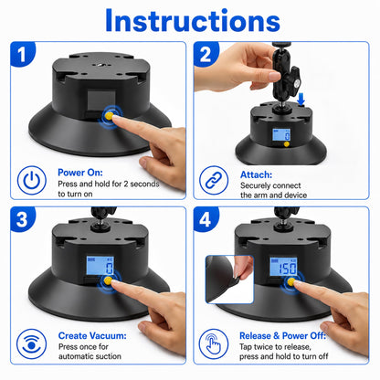 Jakenfou 6" Electric Camera Suction Cup Mount Kit with Display, 5KG Max, 1-Week Battery for Action Camera/Phone on Car/Windshield
