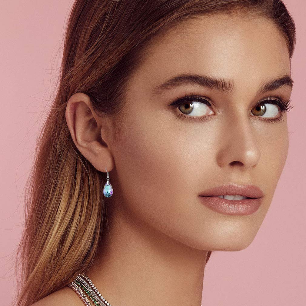 Austrian Crystal Teardrop Dangle Earrings for Women Drop Hook Earring 925 Sterling Silver Hypoallergenic Jewelry (Vitrail Light)