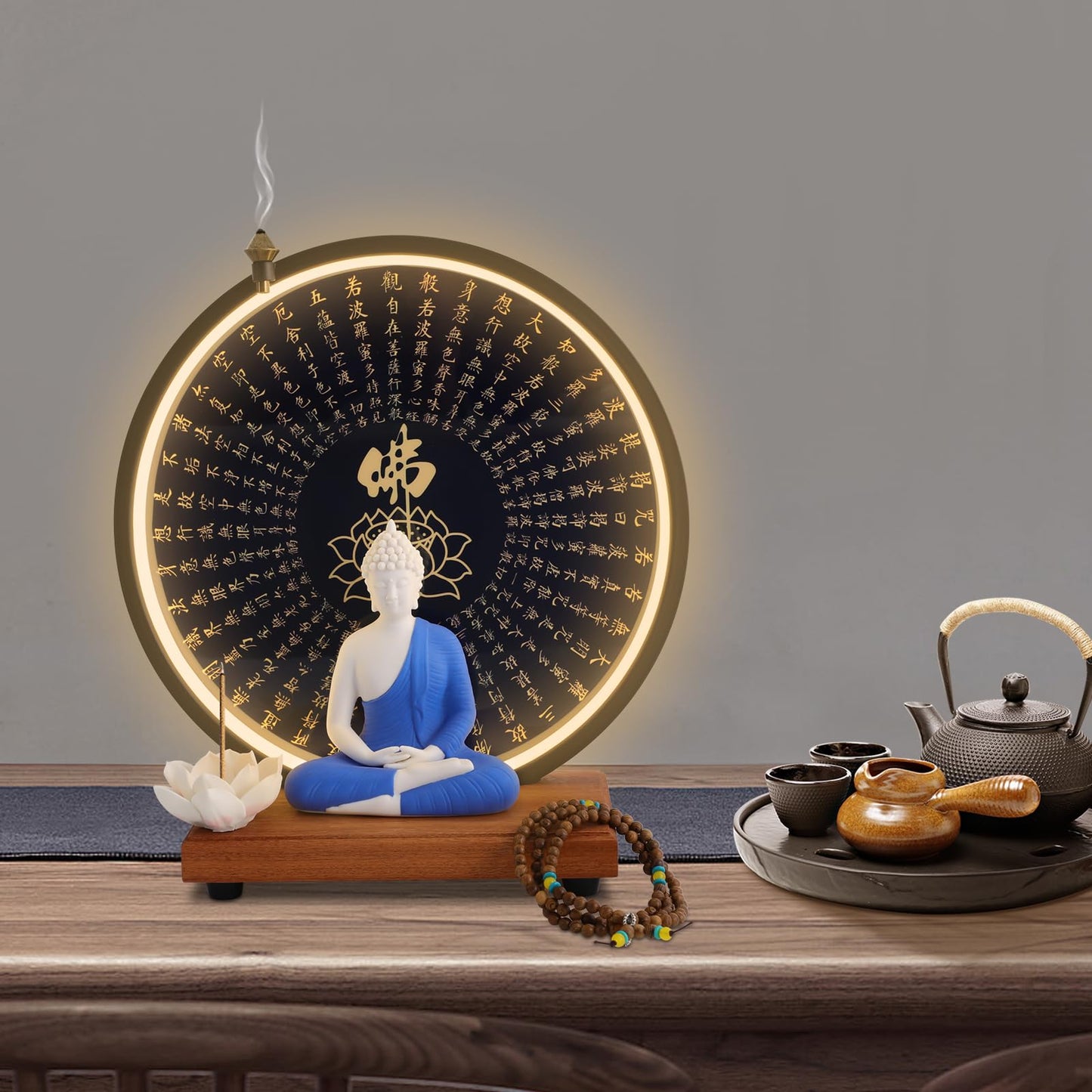 KUMOYOU Buddha Statue Decoration, Ceramic Buddha Statue with LED Ring Light & Backflow Incense Burner, Meditation Decor for Home and Office (Blue)