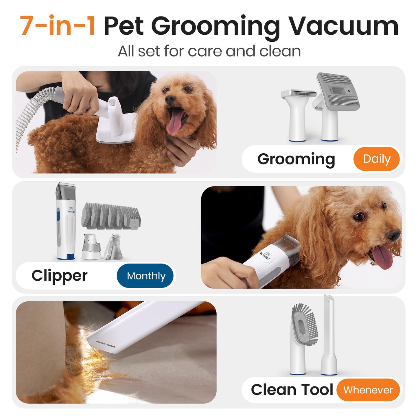 oneisall Dog Grooming Kit with Vacuum,Dog ClippersVacuum,12000Pa Powerful Suction 99% Pet Hair,Pet Grooming Vauum Kit with 7 Proven Tools for Shedding