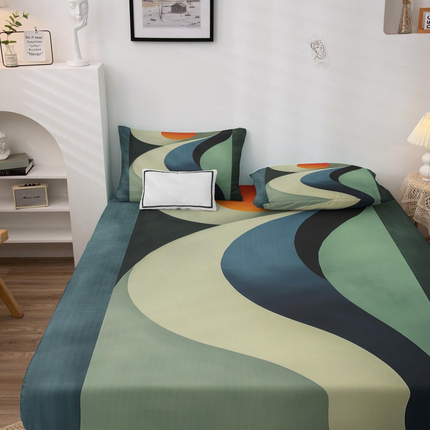 NOGAWA Abstract Sheets California King Size, Retro Geometric Bed Sheets, Bedding Sheets & Pillowcases 4 Piece Set - Soft Microfiber Deep Pocket Fitted Sheet & Flat Sheet & 2 Pillow Cases