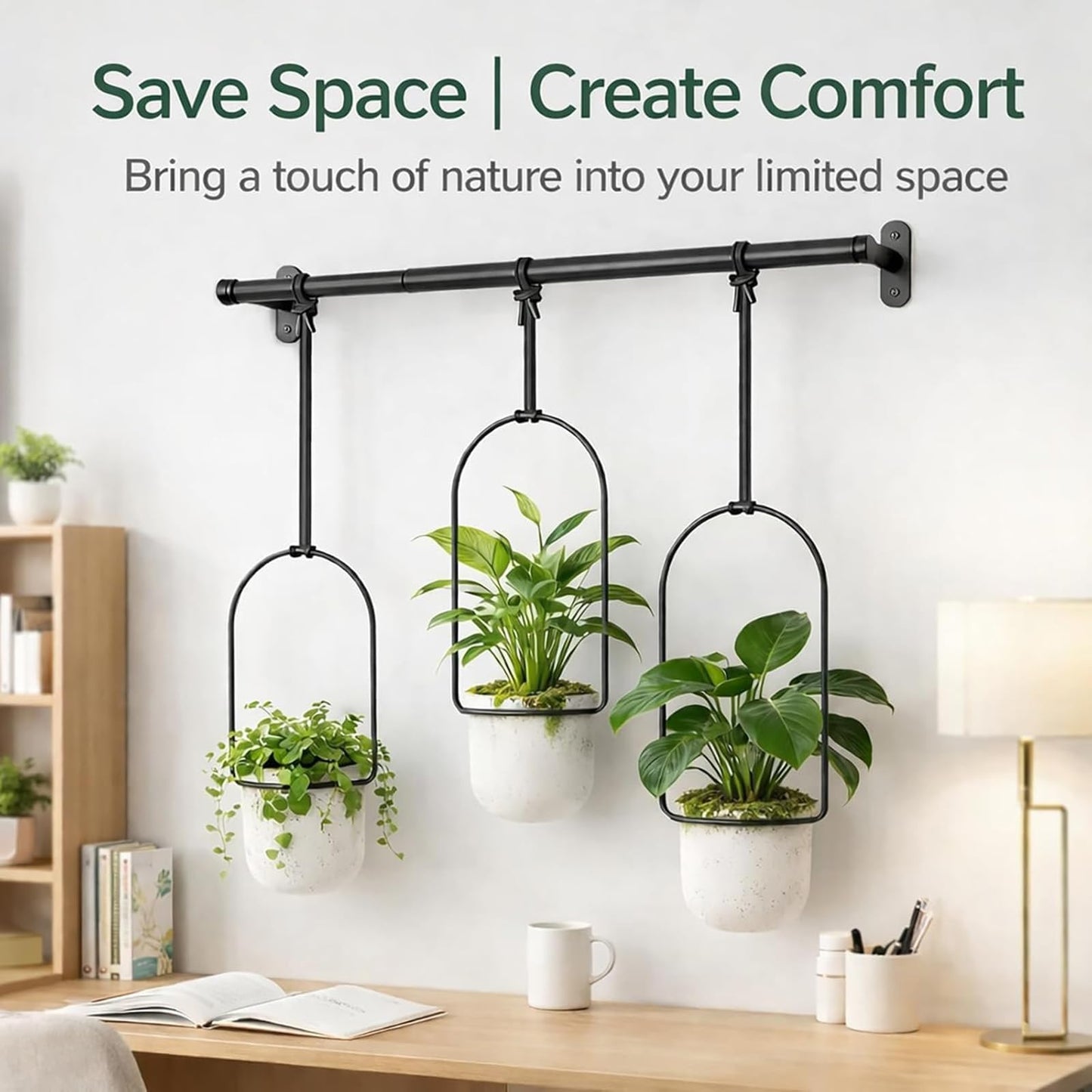 Adjustable Hanging Window Planter Set, Window Hanging Planters, Indoor and Outdoor Wall Plant Hanger, with 3 Plastic Pots, Flexible Nylon Rope, for Windows and Ceilings (Black)