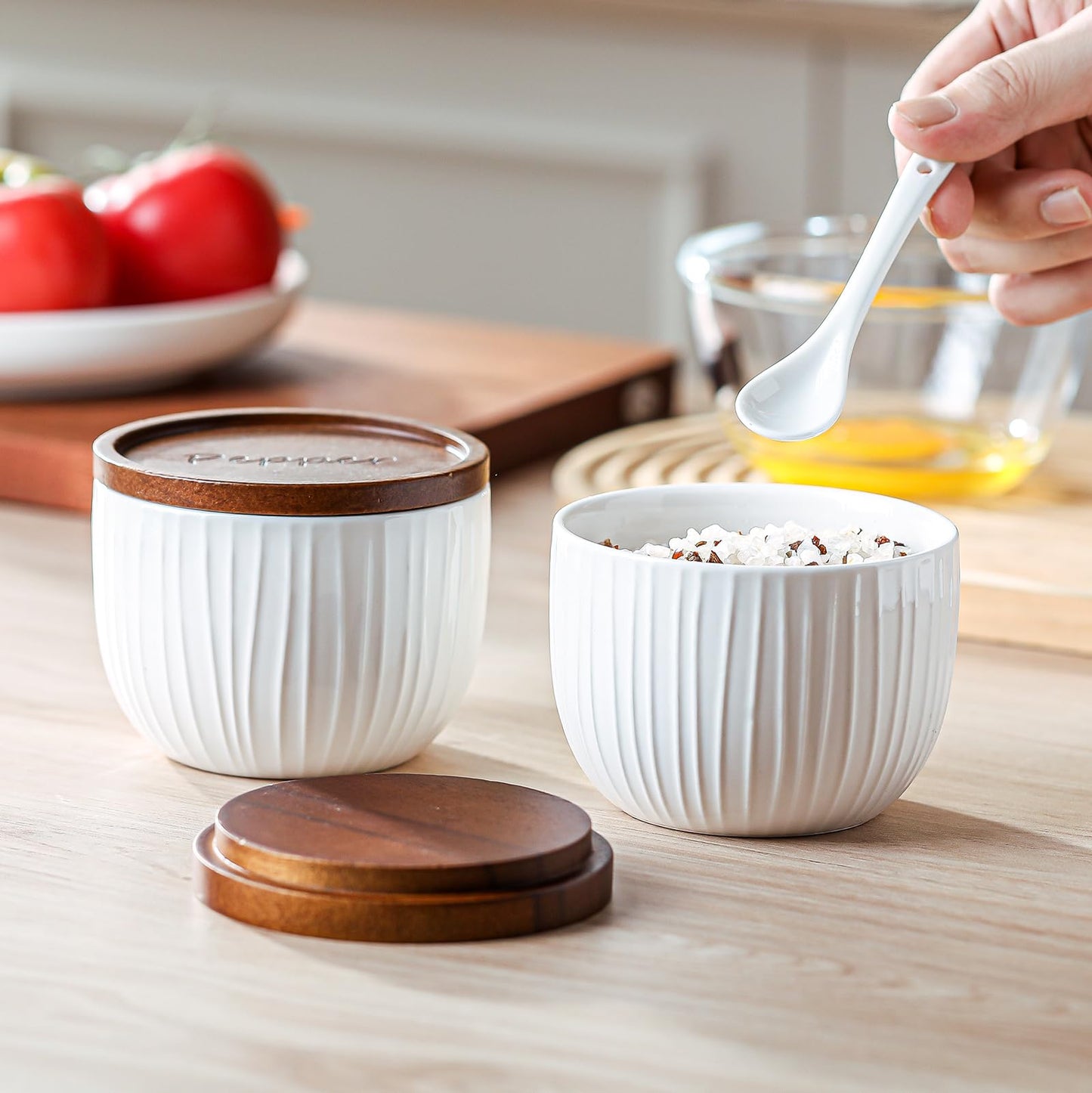 Adewnest Ceramic Salt and Pepper Bowls: 10 oz Stackable Spice Cellar with Wooden Lid - Stacked Seasoning Storage Containers for Kitchen Countertop - White, Set of 2