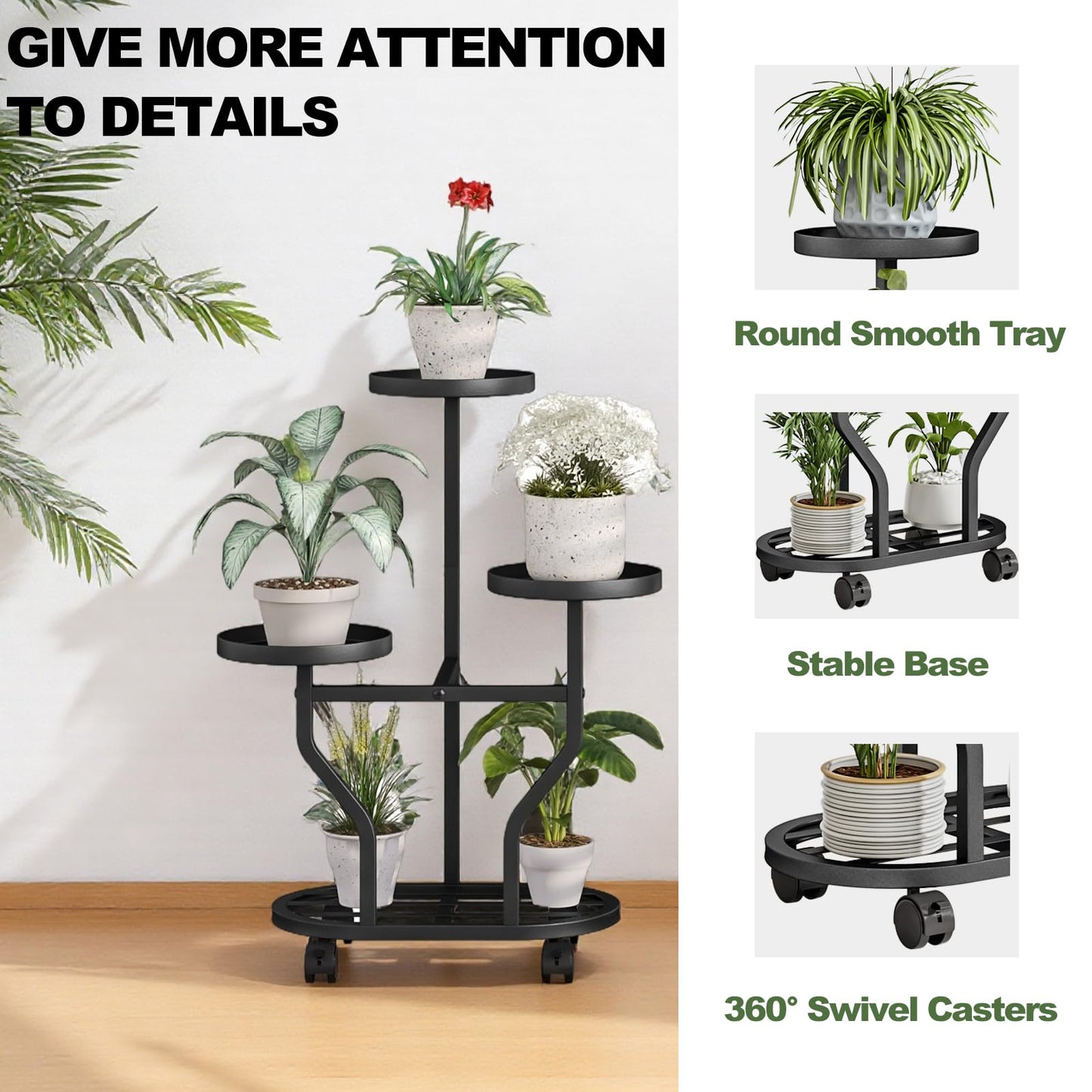 YIZAIJIA Plant Stand with Wheels 3 Tier Metal Plant Holder Corner Flower Shelf for Multiple Plants Display Rack for Bedroom Living Room Balcony Garden Black (Black, 3 Tier)