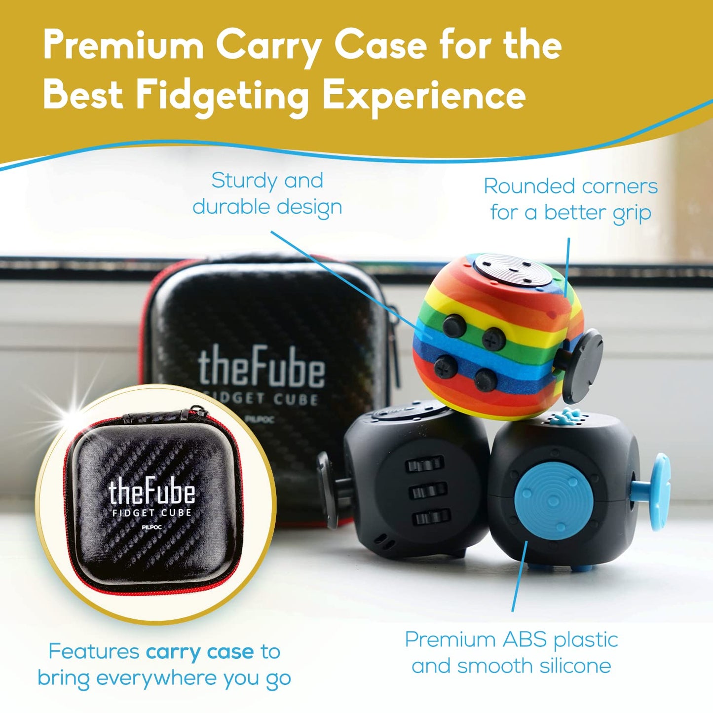 PILPOC theFube Fidget Cube - Deluxe Authentic Fidget Toys for Adults & Kids - Premium Protective Case, Stress Cube, Anxiety Toys, ADHD, OCD, Autism. Quiet Sides & Fidget Clicker Toy (Black)