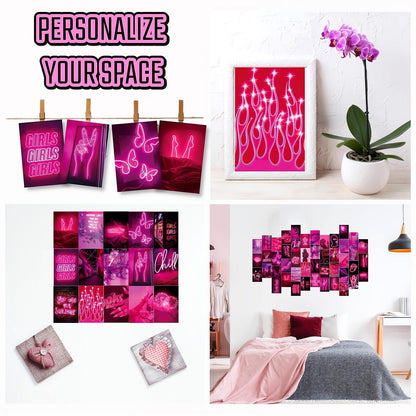 LCLAIDYDY 50 PCS Wall Collage Kit Aesthetic Pictures, Pink Neon Room Decor Posters for Room Aesthetic, Dorm Photo Wall Decor for Teen Girls, VSCO Girl Bedroom Decor (4x6 Inch)