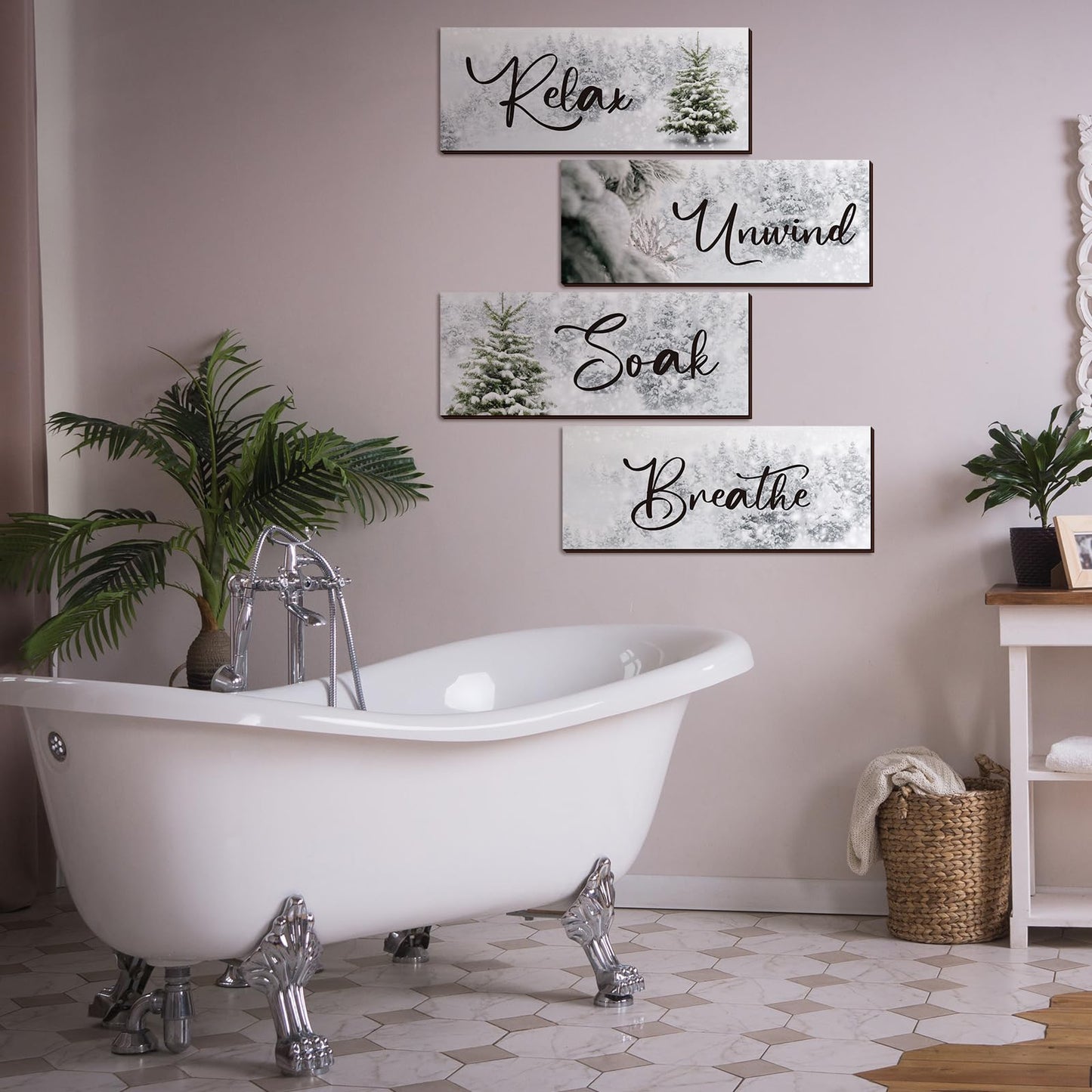 Huwena 4 Pcs Winter Bathroom Wall Decor Winter Wooden Decor Relax Soak Breathe Unwind Art Hanging Wall Pediments Rustic Xmas Wooden Sign for Xmas Home Living Room Laundry Spa(Tree)