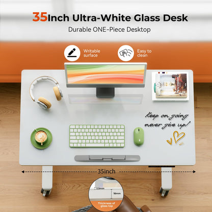 Liftsync 35inch Glass Standing Desk，90° Tiltable Mobile Rising Desk Height Adjustable，Whole Piece Rolling Drafting/DrawingTable with Wheels，Foldable Small Laptop Art Desk，White