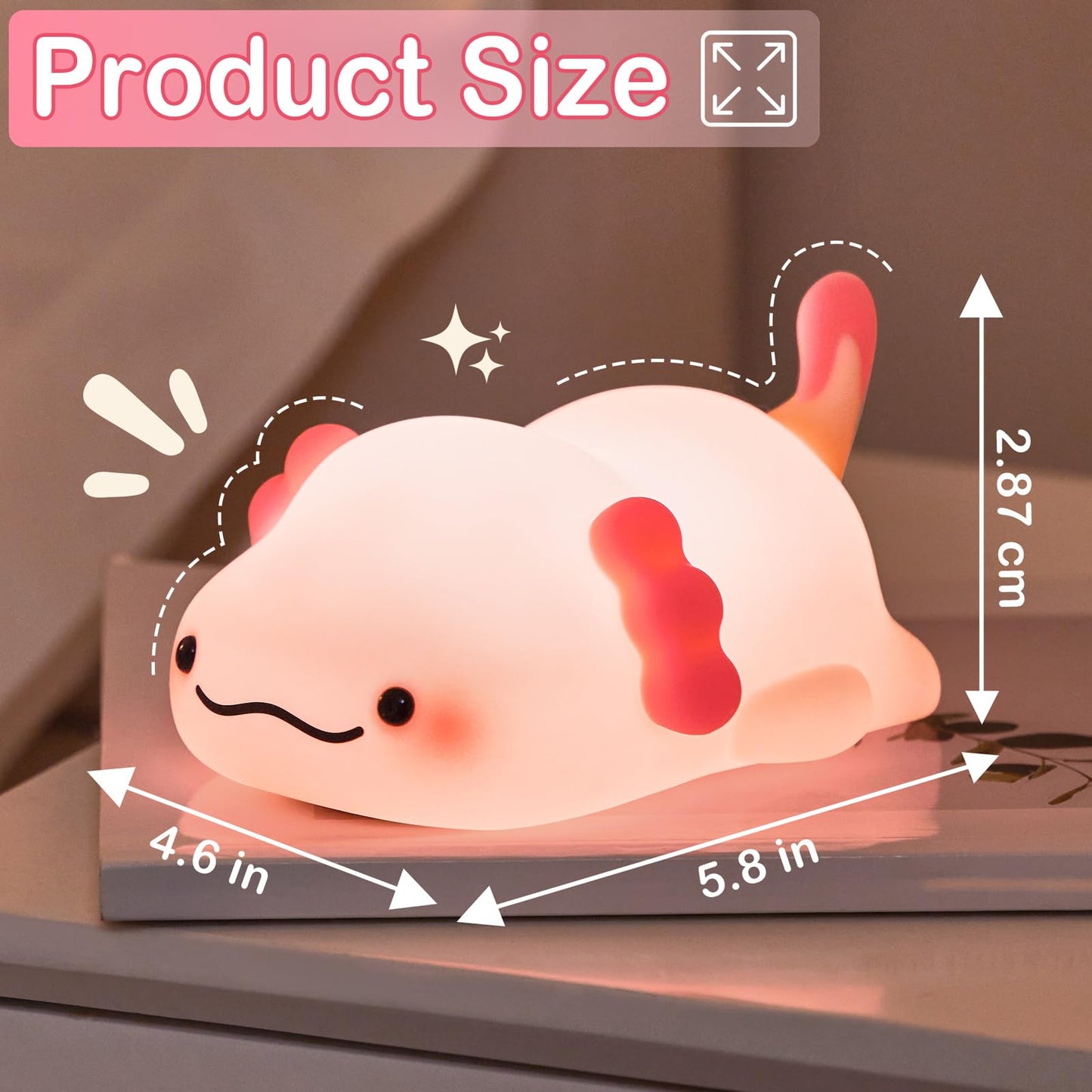 LettreQ Axolotl Night Light for Kids, Rechargeable Cute Squishy lamp - Silicone Adorable Christmas Axolotl Gifts for Kids - Nightlight Nursery Animal Touch Light - Bedroom Decor for Boy, Girls