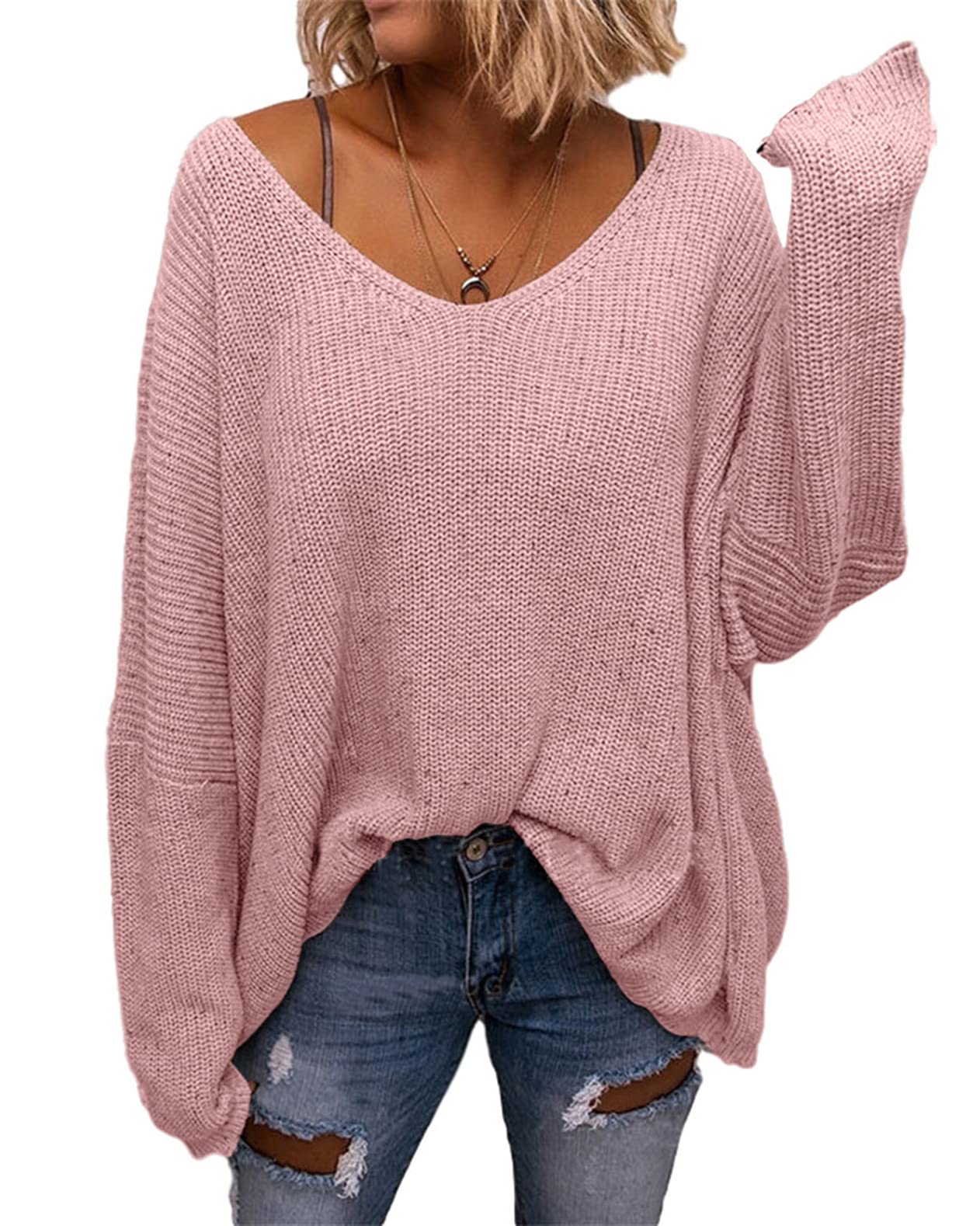 BZB Women's V Neck Long Sleeve Knit Loose Oversized Pullover Sweater Top