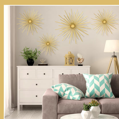 Shimeyao 4 Pcs Metal Starburst Wall Decor Gold Metal Wall Art 3D Spike Bling Finish Star Burst Hangings Accents Sculptures Set Modern Mid Century Decorations for Living Room Bedroom Entryway