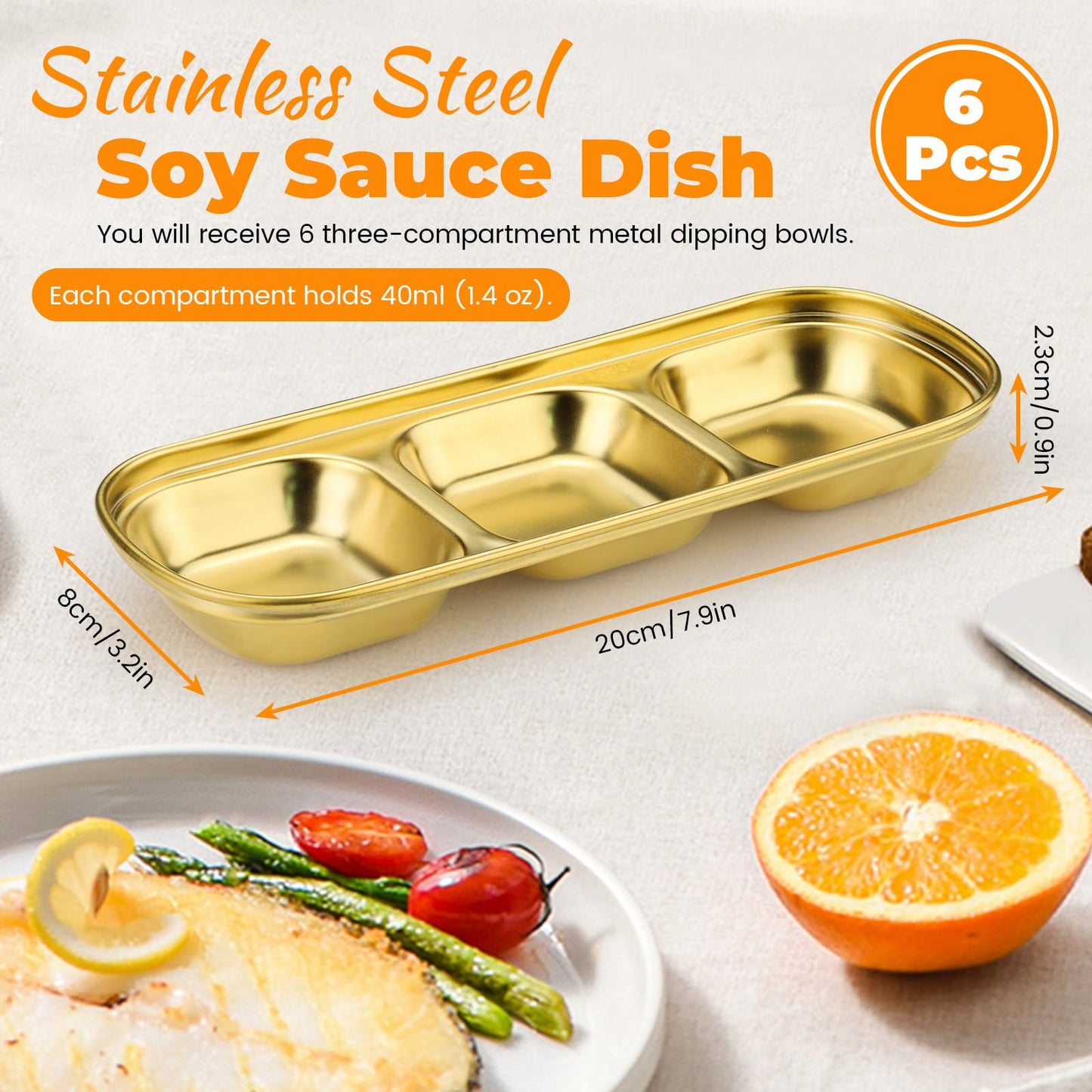 Sekonow Stainless Steel Soy Sauce Dish, 3 Grids Metal Dipping Bowls, Small Sauce Cups for Side Dishes Appetizer Dip Ingredient Prep Charcuterie, Gold Condiment Tray, 6 Pack