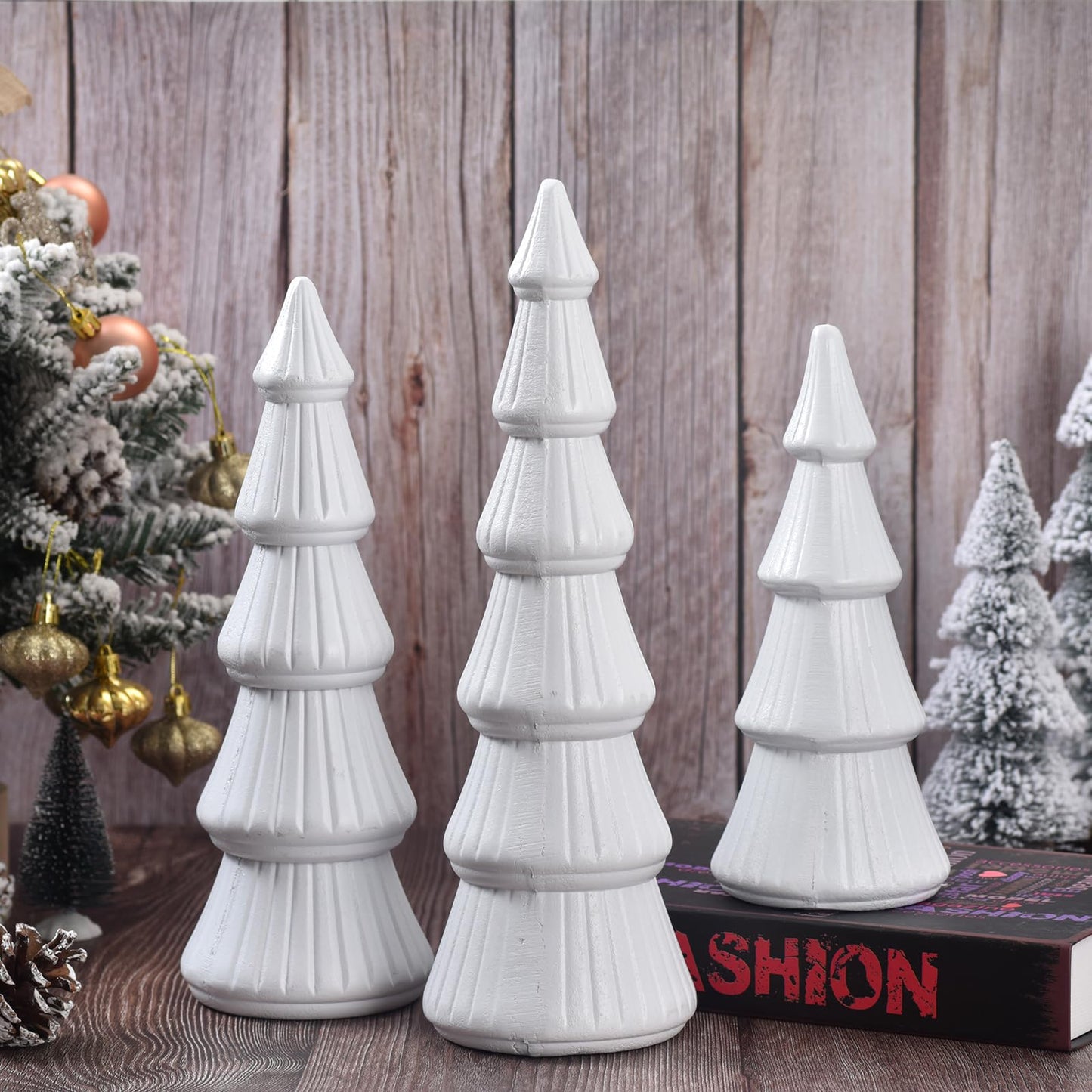 Wooden Christmas Tree, Set of 3 Tabletop Tree Figurine Wood Desk Centerpieces Table Tree Decoration Festive Ornament for Accents Xmas Mantel Shelf Home Decor Holiday Party Indoor Outdoor (White)